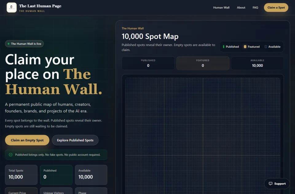 Home page and the 10,000-spot map — before any listing was published